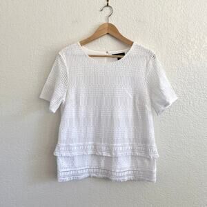 Banana Republic White Lace Short Sleeve Top Lined Fringe Details Crew Neck Large